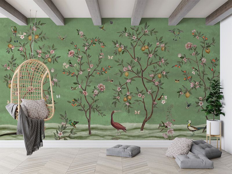 Lemon Tree Chinoiserie - Green - Photo Wallpaper