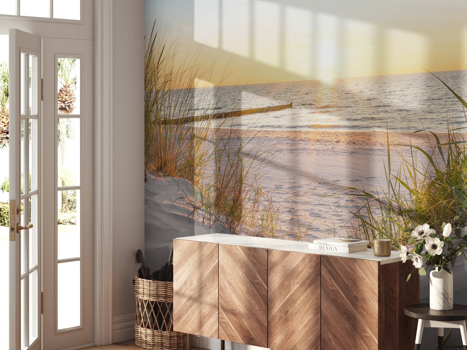 Custom-made wallpaper with a beach sunset, creating a soothing atmosphere in the dining room