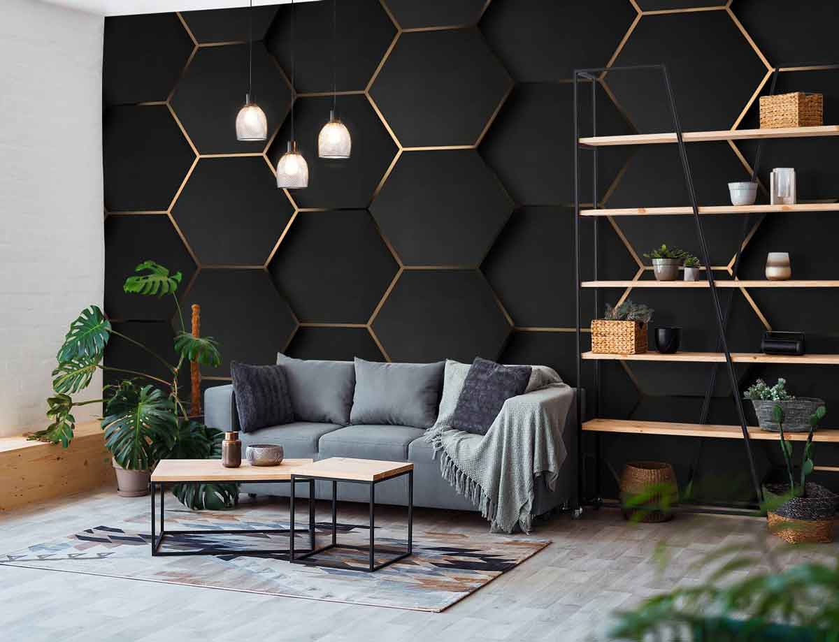 Modern wallpaper with hexagon patterns, adds a contemporary style to the living room